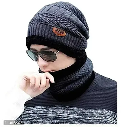 CHITRANSH ENTERPRISE Winter Knit Neck Warmer Scarf and Set Skull Cap for Men Women Green Winter Cap for Men (2 Piece Combo)