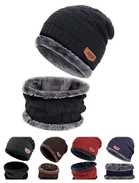 DESI CREED Winter Knit Neck Warmer Scarf and Set Skull Cap for Men Women Winter Cap for Men 2 Piece Combo Pack (Black - Beige)-thumb1