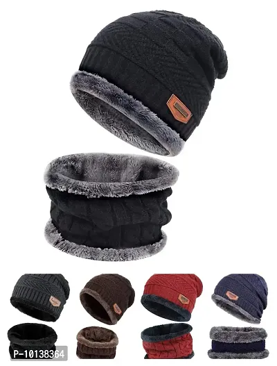 DESI CREED Winter Knit Neck Warmer Scarf and Set Skull Cap for Men Women Winter Cap for Men 2 Piece Combo Pack (Black - Beige)-thumb2
