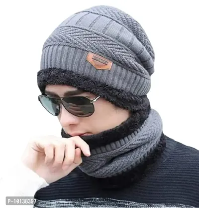 DESI CREED Winter Knit Neck Warmer Scarf and Set Skull Cap for Men Women Winter Cap for Men (2 Piece Combo) (Grey)