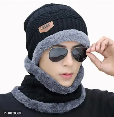 DESI CREED Winter Knit Neck Warmer Scarf and Set Skull Cap and Gloves for Men Winter Cap (Black)