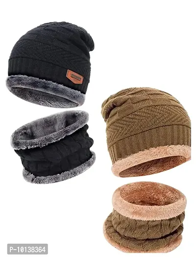 DESI CREED Winter Knit Neck Warmer Scarf and Set Skull Cap for Men Women Winter Cap for Men 2 Piece Combo Pack (Black - Beige)-thumb0