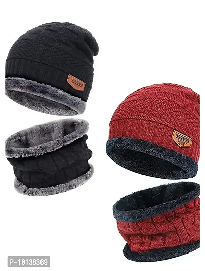 DESI CREED Winter Knit Neck Warmer Scarf and Set Skull Cap for Men Women Winter Cap for Men 2 Piece Combo Pack (Red - Grey)
