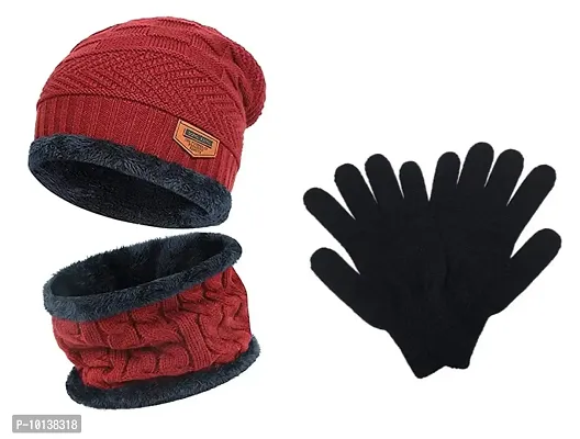 DESI CREED Winter Knit Neck Warmer Scarf and Set Skull Cap and Gloves for Men Women Winter Cap for Men 3 Piece (Red)