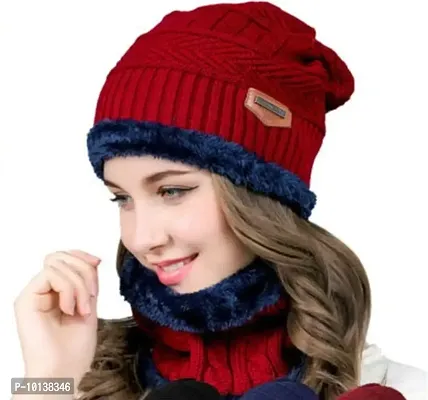 DESI CREED Winter Knit Neck Warmer Scarf and Set Skull Cap and Gloves for Men Women Winter Cap (Red)