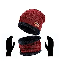 CHITRANSH ENTERPRISE Winter Knit Beanie Cap Hat Neck Warmer Scarf and Woolen Gloves Set for Men  Women (3 Piece) Red-thumb3