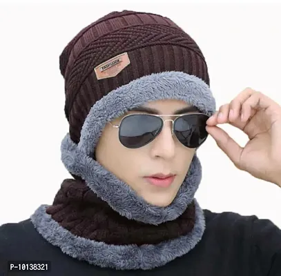 DESI CREED Winter Knit Neck Warmer Scarf and Set Skull Cap and Gloves for Men Winter Cap (Brown)