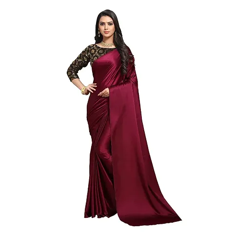 Classic Satin Silk Plain Sarees For Party Wear (MAROON)