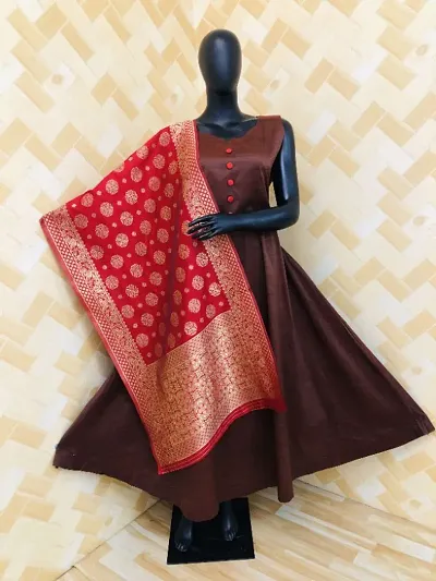 Solid Cotton Gown With Banarasi Dupatta