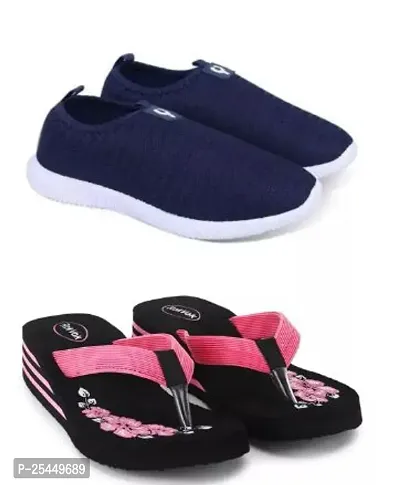 Elegant Multicoloured Mesh Combo Of Slipper and Shoe For Women Pack Of 2-thumb0