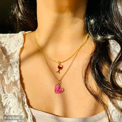 Y2K Charm Pendant Gold Necklace - Glass Heart - Dark Pink ( Pack of 1)-thumb4