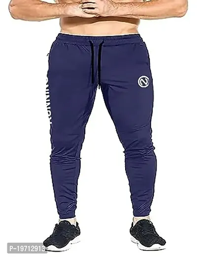 Stylish Navy Blue Polyester Solid Regular Track Pants For Men