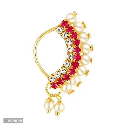 Nath Nathiya Vivastri Bridal Wear Stylish Pearl, American Diamond Studded (CZ) Gold Plated alloy Nathiya, Nose Ring, Nose Pin, Nath, Nose Stud for Women and Girls - (Sales Package- 1 Pcs Nath, Type :-thumb0