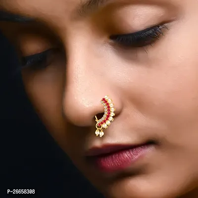 Nath Nathiya Vivastri Bridal Wear Stylish Pearl, American Diamond Studded (CZ) Gold Plated alloy Nathiya, Nose Ring, Nose Pin, Nath, Nose Stud for Women and Girls - (Sales Package- 1 Pcs Nath, Type :-thumb3