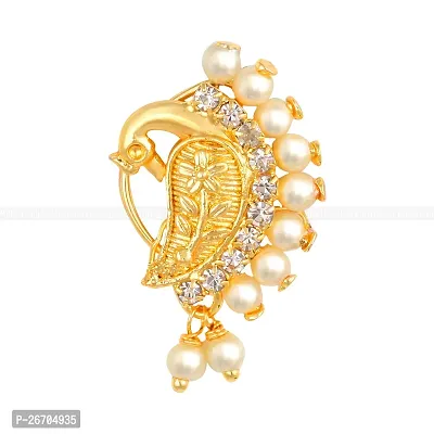 Nath Nathiya Vivastri Bridal Wear Stylish Pearl, American Diamond Studded (CZ) Gold Plated alloy Nathiya, Nose Ring, Nose Pin, Nath, Nose Stud for Women and Girls - (Sales Package- 1 Pcs Nath, Type :-thumb3