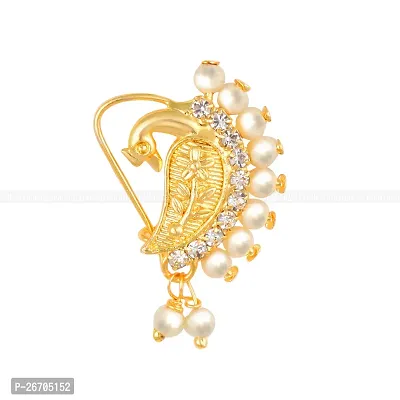 Nath Nathiya Vivastri Bridal Wear Stylish Pearl, American Diamond Studded (CZ) Gold Plated alloy Nathiya, Nose Ring, Nose Pin, Nath, Nose Stud for Women and Girls - (Sales Package- 1 Pcs Nath, Type :-thumb2