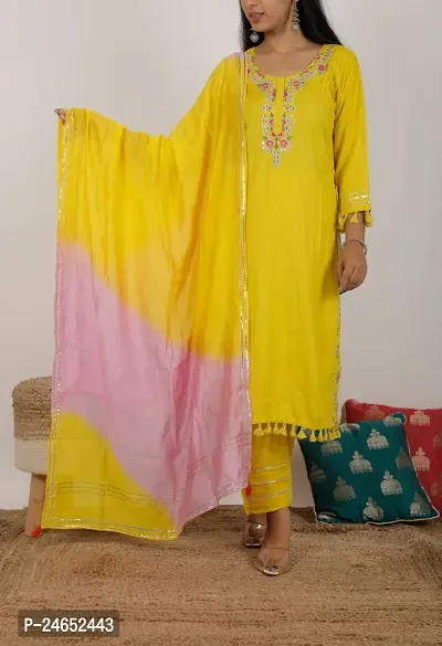 Stylish Yellow Silk Blend Kurta, Bottom and Dupatta Set For Women-thumb0