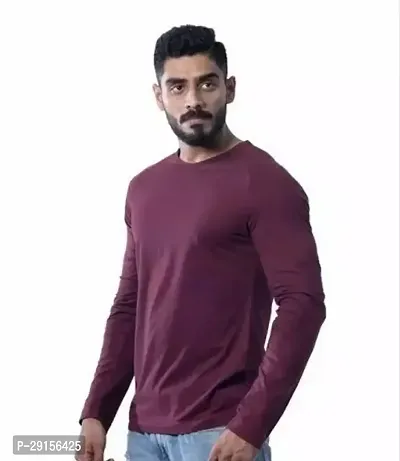 Stylish Brown Polyester Solid Long Sleeves Round Neck Tees For Men-thumb0