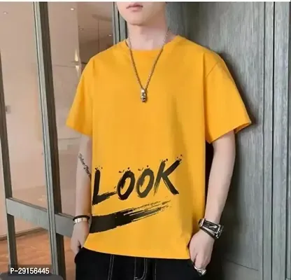 Stylish Yellow Polyester Printed Short Sleeves Round Neck Tees For Men-thumb0