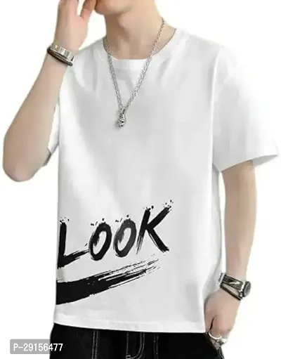 Stylish White Polyester Printed Short Sleeves Round Neck Tees For Men-thumb0