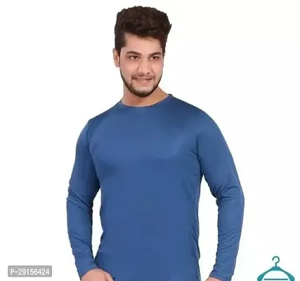 Stylish Blue Polyester Solid Long Sleeves Round Neck Tees For Men-thumb0