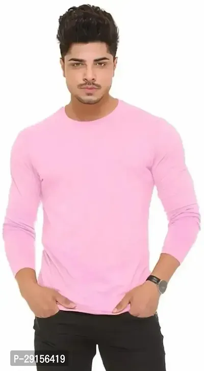 Stylish Pink Polyester Solid Long Sleeves Round Neck Tees For Men