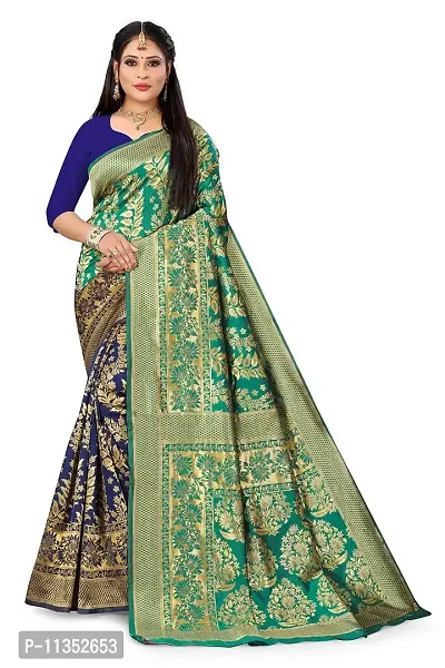 VASTRAM FABRICS || Women's Banarasi Silk Banarasi Saree with Unstitched Blouse Piece (Turquoise]-thumb0