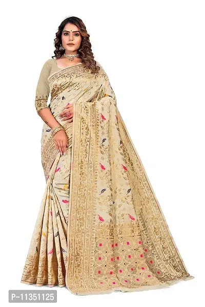 VASTRAM FABRICS || Women's Banarasi Silk Banarasi Saree with Unstitched Blouse Piece (Cream ]