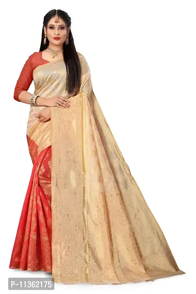 VASTRAM FABRICS Women's Banarasi Silk Banarasi Saree with Unstitched Blouse Piece (Cream }