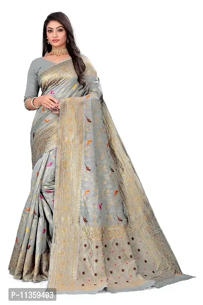 VASTRAM FABRICS || Women's Banarasi Silk Banarasi Saree with Unstitched Blouse Piece (Grey ]-thumb0