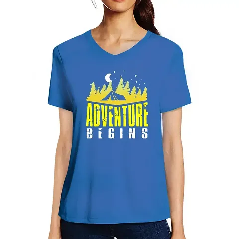 OPLU Graphic Women Tshirt Adventure Begins V Neck Half Sleeves Adventure, Trending, Travel, Tour Tees and Tshirts, Pootlu.