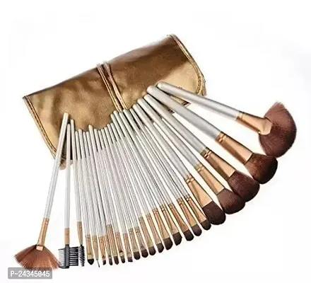 Professional Wood Make Up Brushes Sets With Leather Storage Pouch - 24 Pc Gold ( Handle Colour May Vary) + 2 Sponge Puff ( Colour May Vary)-thumb0