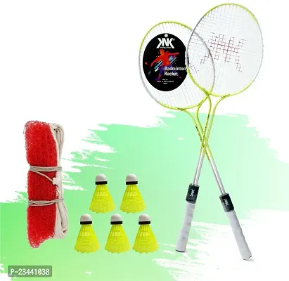 KNK Multicolour Racket Set of 2 Piece With 5 Nylon Shuttlecocks And Badminton Net Badminton Kit ()