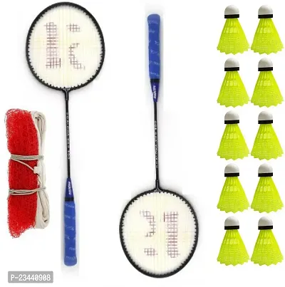 KOBRO Single Shaft Racket 2 Piece Badminton With 10 Piece Nylon Shuttle And Net Badminton Kit ()