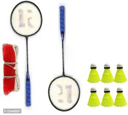 KNK Single Shaft Racket Set of 2 Piece With 6 Nylon Shuttlecocks And Badminton Net Badminton Kit ()-thumb0