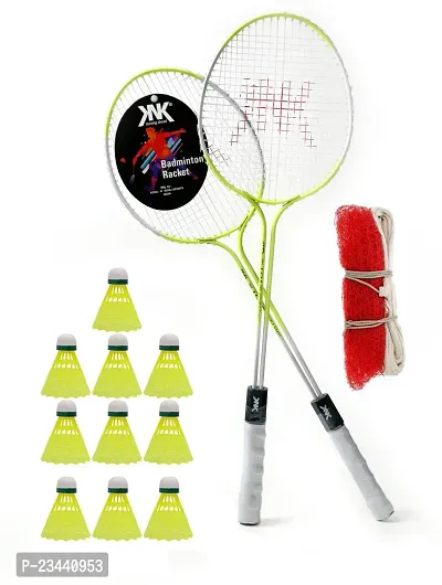 KOBRO Multicolour Badminton 2 Piece Racquet with 10 Piece Plastic ShuttleCock And Net Badminton Kit ()