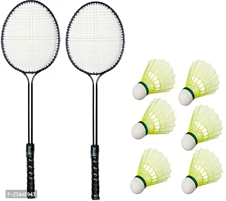 2 Double Shaft Badminton Racquet With 6 Pc Nylon Shuttle Badminton Kit ()-thumb0
