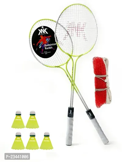 KOBRO Multicolour Badminton 2 Piece Racquet with 5 Piece Plastic ShuttleCock And Net Badminton Kit ()