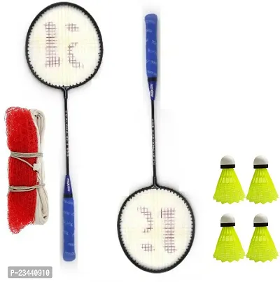 KOBRO Single Shaft Racket 2 Piece Badminton With 4 Piece Nylon Shuttle And Net Badminton Kit ()