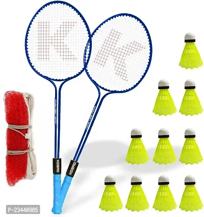KOBRO Double Shaft Racquet Set Of 2 Piece With 10 Piece Nylon Shuttle And Net Badminton Kit ()-thumb0