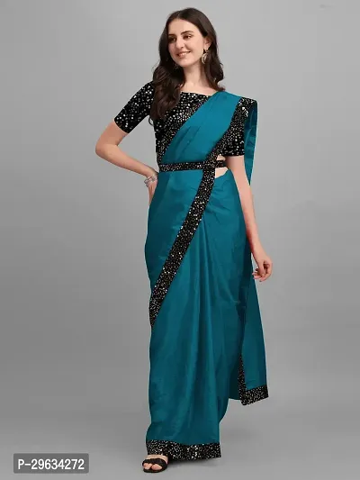 Elegant Teal Silk Blend Embellished Women Saree with Blouse Piece-thumb0