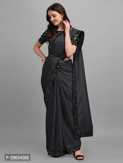 Elegant Black Silk Blend Embellished Women Saree with Blouse Piece-thumb0