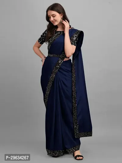 Elegant Navy Blue Silk Blend Embellished Women Saree with Blouse Piece