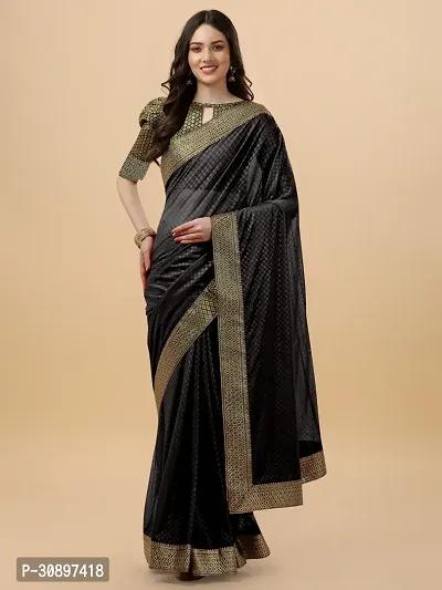 Elegant Black Brocade Saree with Blouse piece For Women-thumb0