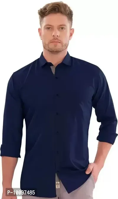Navy Blue Cotton Solid Casual Shirts For Men