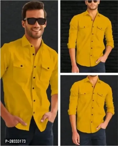 G  Son's Men Slim Fit Solid Spread Collar Casual Shirt (Large, Yellow)-thumb0
