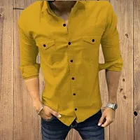 G  Son's Men Slim Fit Solid Spread Collar Casual Shirt (Large, Yellow)-thumb1