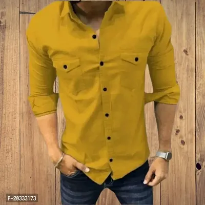 G  Son's Men Slim Fit Solid Spread Collar Casual Shirt (Large, Yellow)-thumb2