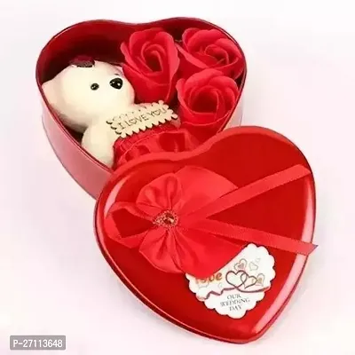 Combo Of 3 Artificial Rose and Teddy Bear In Heart Shape Metal Gift Box Valentine Gifts (Red Colour)-thumb0