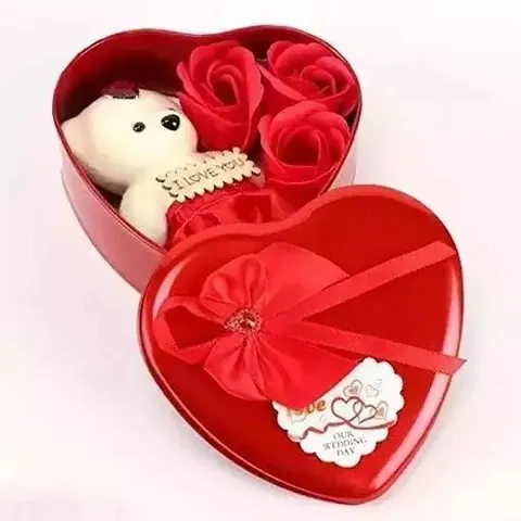 Combo Of 3 Artificial Rose and Teddy Bear In Heart Shape Metal Gift Box Valentine Gifts (Red Colour)